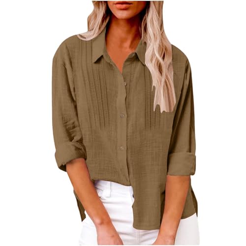 Leinenhemd Damen Sommer Musselin Bluse Damen Oversized Leinenbluse Elegant Einfarbig Hemdbluse Atmungsaktive Langarm/Kurzarm Blusenshirt Basic Top Große Größen Blusen & Tuniken für Damen von Generisch