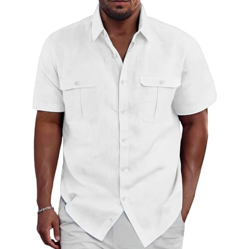 Leinenhemd Herren Hemd Kurzarm Sommerhemd mit 2 Taschen Einfarbig Button Down Hemden Leicht Atmungsaktiv Loose Fit Basic Baumwolle Leinen Shirt Casual Reisen Oberhemden von Generisch
