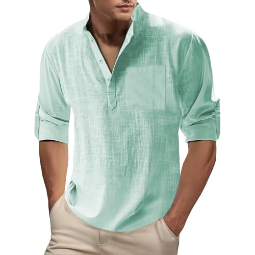Leinenhemd Herren Hemd Langarm Baumwolle Leinen Sommerhemd Button-Down Freizeithemd Regular Fit Henley Shirts Leichtes Herrenhemden mit Brusttasche von Generisch