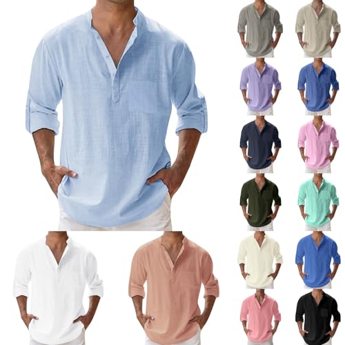 Leinenhemd Herren Hemd Langarm Baumwolle Leinen Sommerhemd Strandhemd Button-Down Ohne Kragen Freizeithemd Regular Fit Henley Shirts Musselin Stehkragenhemd Herrenhemden von Generisch