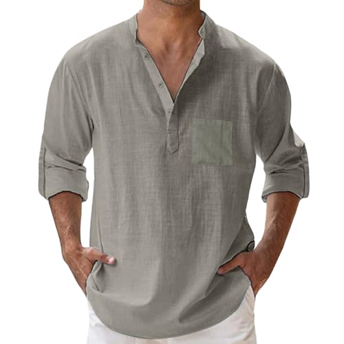 Leinenhemd Herren Hemd Langarm Baumwolle Leinen Sommerhemd Strandhemd Button-Down Ohne Kragen Freizeithemd Regular Fit Henley Shirts Musselin Stehkragenhemd Herrenhemden von Generisch