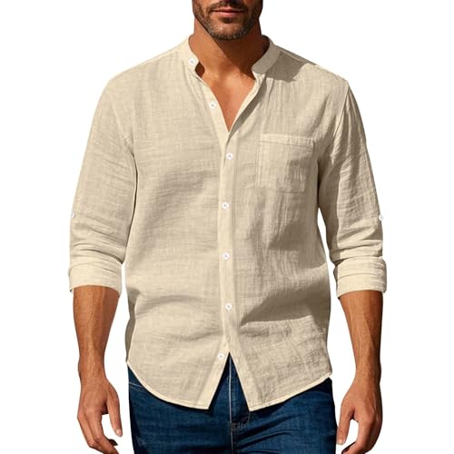 Leinenhemd Herren Hemd Langarm Freizeithemd Businesshemd Strandhemd Sommerhemd Leinenshirt mit Tasche Sleeveless Shirt Stehkragenhemd Weißes Leinen Hemden T Set Leichtes In Weiss von Generisch