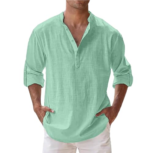 Leinenhemd Herren Hemd Langarm Henley Shirt Einfarbige Atmungsaktive Sportshemd Casual Regular Fit Sommerhemd Strandhemd Leinen Freizeithemden Linen Shirt Casual Wandern Camping Reisen von Generisch