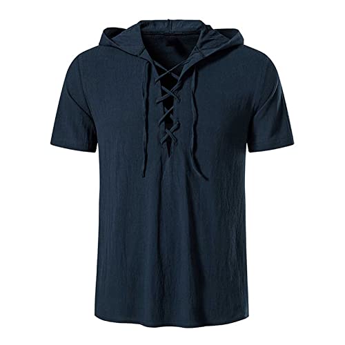 Leinenhemd Herren Kurzarm Baumwolle Leinen Hoodie Einfarbig Hoody Oberteile Knopfleiste Kurze Ärmel Hemd mit Kapuze Modische Schlank Sommer Shirt Leichte Sommerhemd Bequem Freizeithemden von Generisch