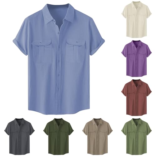 Leinenhemd Herren Kurzarm Button Down Herrenhemden Kurzarm Mit 2 Brusttaschen Hemd Sommer Hemden Einfarbige Freizeithemd Baumwolle Leinen Sommerhemd Regular Fit funktionshemd Leicht Oberteile von Generisch