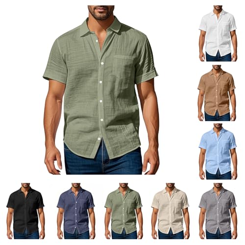 Leinenhemd Herren Kurzarm Hemd Freizeithemd Businesshemd Sommerhemd mit Brusttasche Bowling Hemd mit Knopfleiste Atmungsaktiv Leicht Casual Shirts Regular Fit Freizeithemd Business von Generisch