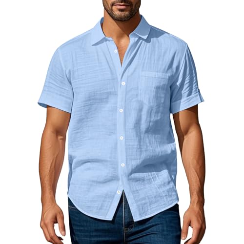 Leinenhemd Herren Kurzarm Hemd Freizeithemd Businesshemd Sommerhemd mit Brusttasche Bowling Hemd mit Knopfleiste Atmungsaktiv Leicht Casual Shirts Regular Fit Freizeithemd Business von Generisch