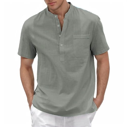 Leinenhemd Herren Kurzarm Hemd Henley Shirt Herren Kurzarm Sommerhemd Atmungsaktiv Freizeithemd Leicht Strandhemd Casual Shirts mit Brusttasche Stehkragenhemd Regular Fit von Generisch