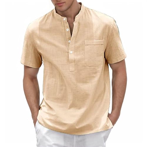Leinenhemd Herren Kurzarm Hemd Henley Shirt Herren Kurzarm Sommerhemd Atmungsaktiv Freizeithemd Leicht Strandhemd Casual Shirts mit Brusttasche Stehkragenhemd Regular Fit von Generisch