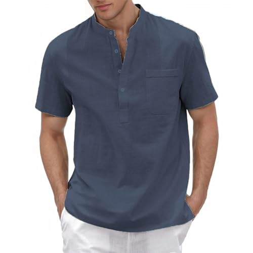 Leinenhemd Herren Kurzarm Hemd Henley Shirt Herren Kurzarm Sommerhemd Atmungsaktiv Freizeithemd Leicht Strandhemd Casual Shirts mit Brusttasche Stehkragenhemd Regular Fit von Generisch