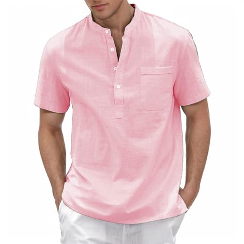Leinenhemd Herren Kurzarm Hemd Henley Shirt Herren Kurzarm Sommerhemd Atmungsaktiv Freizeithemd Leicht Strandhemd Casual Shirts mit Brusttasche Stehkragenhemd Regular Fit von Generisch