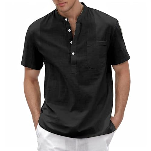 Leinenhemd Herren Kurzarm Hemd Henley Shirt Herren Kurzarm Sommerhemd Atmungsaktiv Freizeithemd Leicht Strandhemd Casual Shirts mit Brusttasche Stehkragenhemd Regular Fit von Generisch