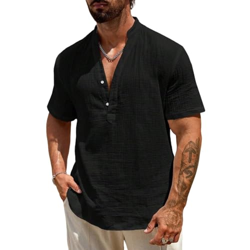 Leinenhemd Herren Kurzarm Leinen Henley Button Down Hemd Regular Fit Freizeithemd Sommer Casual Beach Shirts Männer Leinen Hemd Leicht Strand Urlaub Sommerhemd Tops, T-Shirts & Hemden A Black XXL von Generisch