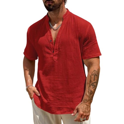 Leinenhemd Herren Kurzarm Leinen Henley Button Down Hemd Regular Fit Freizeithemd Sommer Casual Beach Shirts Männer Leinen Hemd Leicht Strand Urlaub Sommerhemd Tops, T-Shirts & Hemden A Red M von Generisch