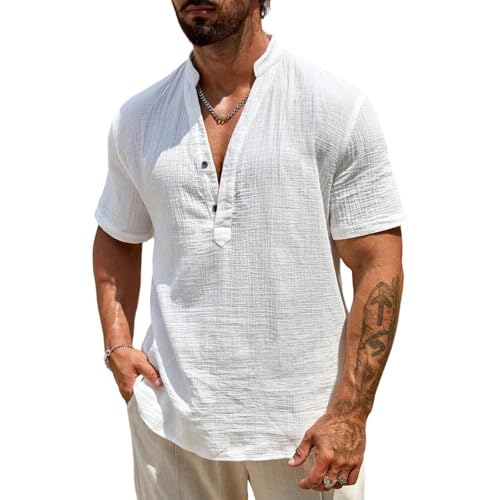 Leinenhemd Herren Kurzarm Leinen Henley Button Down Hemd Regular Fit Freizeithemd Sommer Casual Beach Shirts Männer Leinen Hemd Leicht Strand Urlaub Sommerhemd Tops, T-Shirts & Hemden A White XXL von Generisch