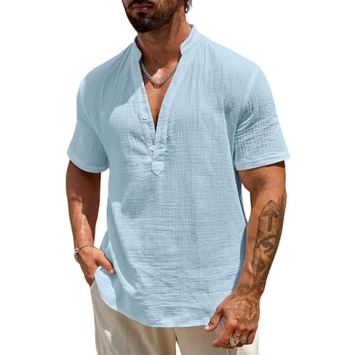 Leinenhemd Herren Kurzarm Leinen Henley Button Down Hemd Regular Fit Freizeithemd Sommer Casual Beach Shirts Männer Leinen Hemd Leicht Strand Urlaub Sommerhemd Tops, T-shirts & Hemden A Light Blue XXL von Generisch