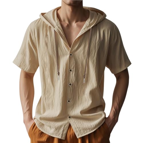 Leinenhemd Herren Kurzarm Leinen Hoodie mit Kapuze Sommer Dünn Einfarbig Shirt Kapuzenshirt Modische Sommerhemd Lässig Oversize Kapuzenhemd Oberteile Knopfleiste Hemd Freizeithemd Strandhemd von Generisch