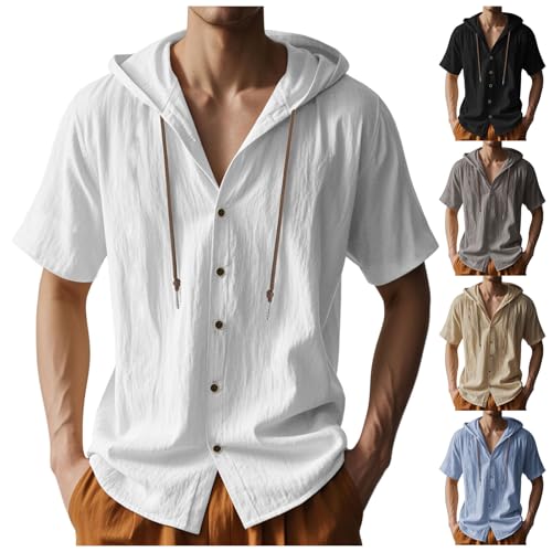 Leinenhemd Herren Kurzarm Leinen Hoodie mit Kapuze Sommer Dünn Einfarbig Shirt Kapuzenshirt Modische Sommerhemd Lässig Oversize Kapuzenhemd Oberteile Knopfleiste Hemd Freizeithemd Strandhemd von Generisch