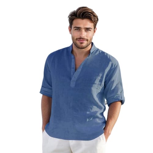 Leinenhemd Herren Kurzarm Musselin Hemd, Lässiges Langarmhemd Henley Lose T-Shirts für Herren (DE/NL/SE/PL, Alphanumerisch, 4XL, Regular, Regular, Blau) von Generisch