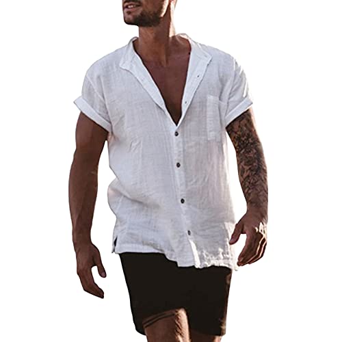 Leinenhemd Herren Kurzarm Regular Fit Sommerhemd Leicht Luftig Strandhemd Kläppchenkragen Button Down Freizeithemd Leinen Baumwolle Stoffhemd Lässige Urlaub T-Shirt von Generisch