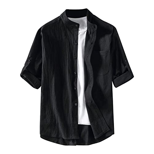 Leinenhemd Herren Kurzarm Sommer Freizeithemd Button-Down Stehkragen Kurzarmhemd Einfarbig Lässige Henley Hemden Leicht Atmungsaktive Sommerhemd Weich Bequeme Baumwolle Leinen Hemd von Generisch
