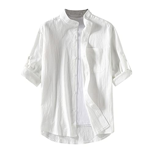 Leinenhemd Herren Kurzarm Sommer Freizeithemd Button-Down Stehkragen Kurzarmhemd Einfarbig Lässige Henley Hemden Leicht Atmungsaktive Sommerhemd Weich Bequeme Baumwolle Leinen Hemd von Generisch