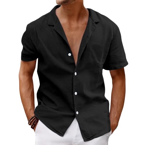 Leinenhemd Herren Kurzarm Sommerhemd Leichtes Leinenhemd mit Knopfleiste Freizeithemd Businesshemd Sommer Casual Regular Fit Shirt Bequemes Wandershirt Atmungsaktive von Generisch