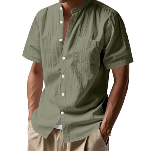 Leinenhemd Herren Kurzarm Sommerhemd Leinen Hemd Sommer Kurzarmhemd Freizeithemd Ohne Kragen Button-Down Casual Henley Shirt mit Tasche Strandhemd Outdoor Regular Fit von Generisch