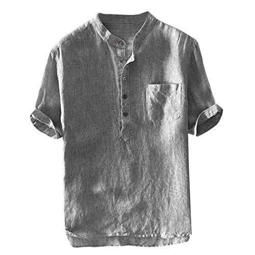 Leinenhemd Herren Kurzarm Stehkragen Slim Fit Henley Shirt Baumwolle Leinen Sommerhemd Leicht Atmungsaktive Button Up Strandhemd Outdoor Lässige Einfarbig Kurzarmhemd von Generisch