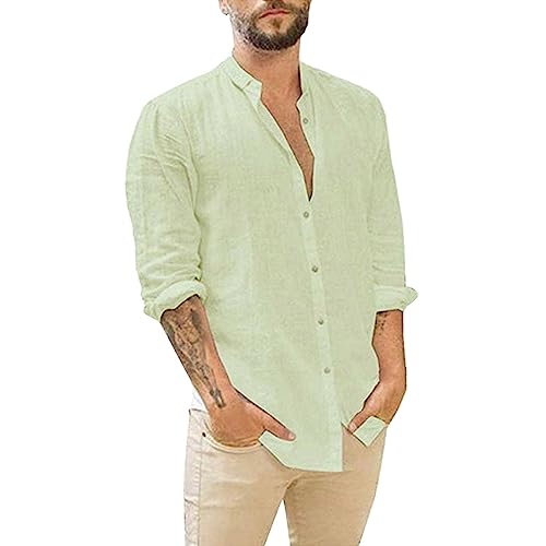 Leinenhemd Herren Lässig Button Down Sommerhemde Baumwolle Leinen Langarm Hemd Businesshemd Casual Freizeithemden Regular Fit Sommer Standhemd Men Shirts Leichte Weisses Hemd Männer von Generisch