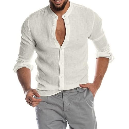 Leinenhemd Herren Langarm Henley Shirt Hemden mit Knopfleiste Herren Freizeithemd Sommerhemd Einfarbig Freizeithemden Fit Business Casual Urlaub von Generisch