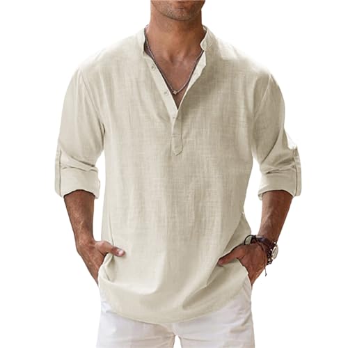 Leinenhemd Herren Langarm Henley Stehkragen Sommerhemd Freizeithemd Regular Fit Herrenhemden Henley Shirts Atmungsaktive Leicht Strandhemd Bequeme Einfarbig Shirts Leinen Shirt von Generisch