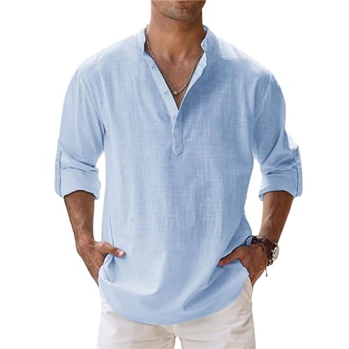 Leinenhemd Herren Langarm Henley Stehkragen Sommerhemd Freizeithemd Regular Fit Herrenhemden Henley Shirts Atmungsaktive Leicht Strandhemd Bequeme Einfarbig Shirts Leinen Shirt von Generisch