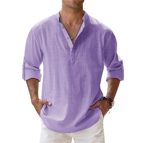 Leinenhemd Herren Langarm Henley Stehkragen Sommerhemd Freizeithemd Regular Fit Herrenhemden Henley Shirts Atmungsaktive Leicht Strandhemd Bequeme Einfarbig Shirts Leinen Shirt von Generisch