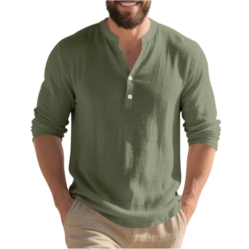 Leinenhemd Herren Langarm Leinen Henley Button Down Hemd Regular Fit Business Freizeithemd Herbst Casual Beach Shirts Männer Leinen Hemd Leicht Strand Sommerhemd Tops, T-Shirts & Hemden C Green L von Generisch