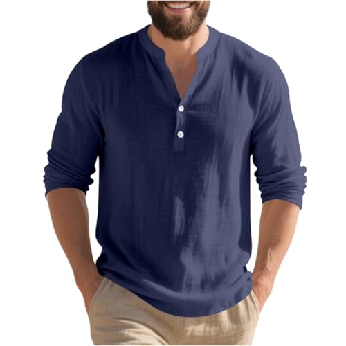 Leinenhemd Herren Langarm Leinen Henley Button Down Hemd Regular Fit Business Freizeithemd Herbst Casual Beach Shirts Männer Leinen Hemd Leicht Strand Sommerhemd Tops, T-Shirts & Hemden C Navy 3XL von Generisch