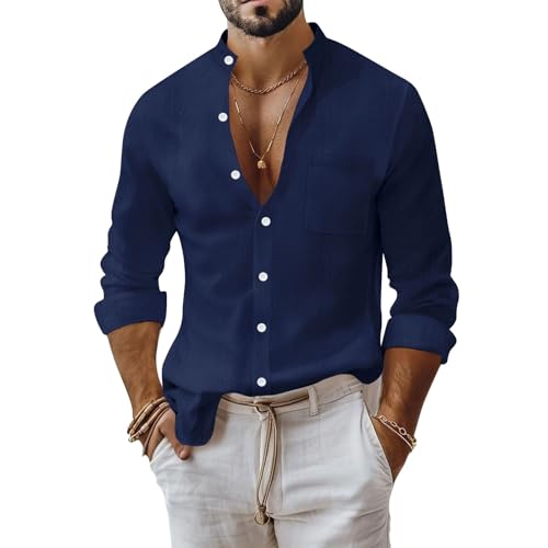 Leinenhemd Herren Langarm Leinenshirt Linen Shirts Casual Regular Fit Leinen Hemden Sommer Businesshemd Fashion Herbst Freizeithemd Western Hemd Men Long Sleeve Langarmhemd Strandhemd B Navy XL von Generisch