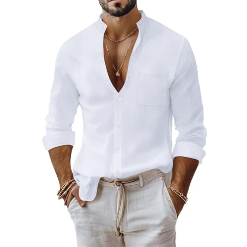 Leinenhemd Herren Langarm Leinenshirt Linen Shirts Casual Regular Fit Leinen Hemden Sommer Businesshemd Fashion Herbst Freizeithemd Western Hemd Men Long Sleeve Langarmhemd Strandhemd B White M von Generisch