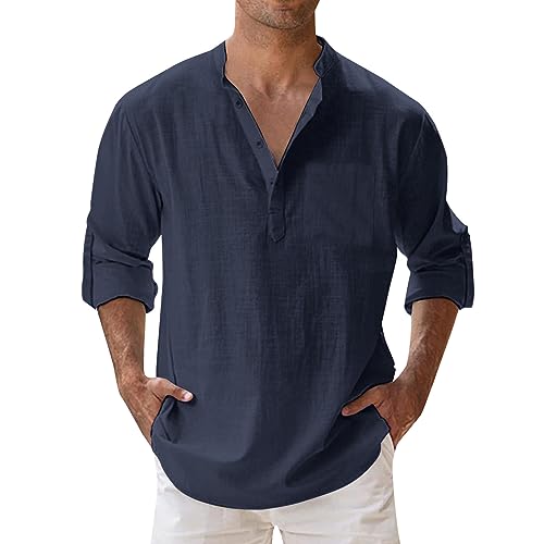 Leinenhemd Herren Langarm Sommerhemd Baumwolle Leinen Hemd Sommer Freizeithemd Ohne Kragen Button-Down Casual Henley Shirt mit Tasche Strandhemd Outdoor Regular Fit von Generisch