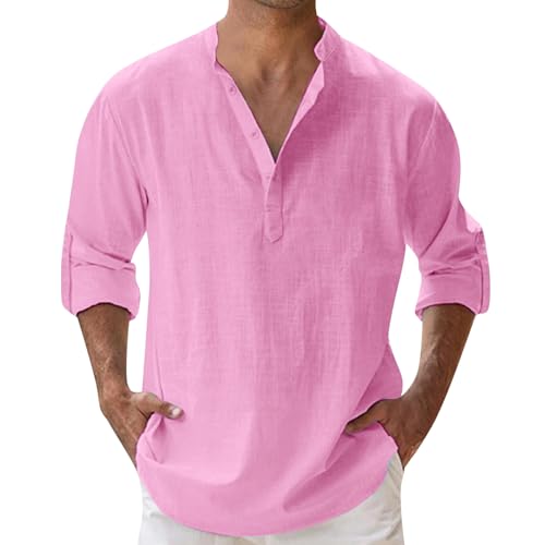 Leinenhemd Herren Langarm Sommerhemd Baumwolle Leinen Hemd Sommer Freizeithemd Ohne Kragen Button-Down Casual Henley Shirt mit Tasche Strandhemd Outdoor Regular Fit von Generisch