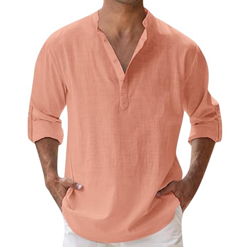 Leinenhemd Herren Langarm Sommerhemd Baumwolle Leinen Hemd Sommer Freizeithemd Ohne Kragen Button-Down Casual Henley Shirt mit Tasche Strandhemd Outdoor Regular Fit von Generisch