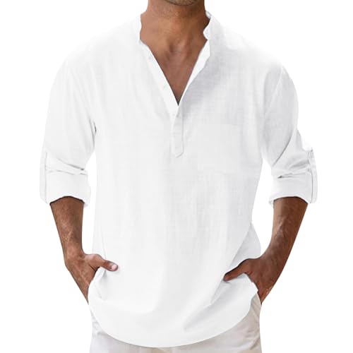 Leinenhemd Herren Langarm Sommerhemd Baumwolle Leinen Hemd Sommer Freizeithemd Ohne Kragen Button-Down Casual Henley Shirt mit Tasche Strandhemd Outdoor Regular Fit von Generisch