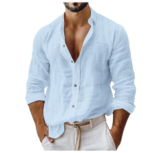 Leinenhemd Herren Langarm Strandhemd Männer Button Down Revers Hemd Button Down Tops Modisch Bequem Hemd Urlaub Strand Shirts Herren Regular Fit Knopfleiste Freizeithemden (Blau, XXL) von Generisch
