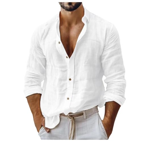 Leinenhemd Herren Langarm Strandhemd Männer Button Down Revers Hemd Button Down Tops Modisch Bequem Hemd Urlaub Strand Shirts Herren Regular Fit Knopfleiste Freizeithemden (Weiß, XL) von Generisch