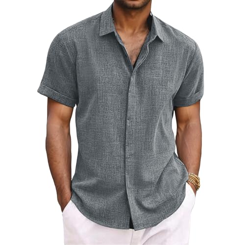 Leinenhemd Herren Sommer Freizeithemden Button Down Hemd Herren Kurzarm Leinen Shirt Sommerhemd Business Casual Strand Hemd Regular Fit Atmungsaktive Bequeme Einfarbig Shirts von Generisch