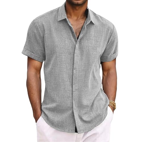 Leinenhemd Herren Sommer Freizeithemden Button Down Hemd Herren Kurzarm Leinen Shirt Sommerhemd Business Casual Strand Hemd Regular Fit Atmungsaktive Bequeme Einfarbig Shirts von Generisch
