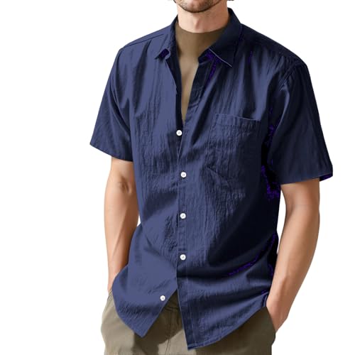 Leinenhemd Herren Sommer Kurzarm Freizeithemd Regular Fit Strandhemd Einfarbig Casual Beach Shirts Leinen Leicht Lässig Button-Down-Shirt Lockere Passform Tshirt Herren-Urlaubs-Outfits von Generisch
