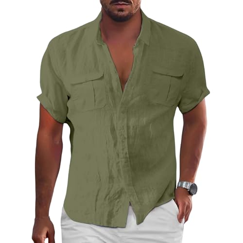 Leinenhemd Herren T-Shirts für Herren Freizeithemd mit 2 Brusttasche Atmungsaktive Sommershirt Strandhemd Einfarbig Bequem Leinen Shirt Regular Fit Schnelltrocknend Businesshemd von Generisch