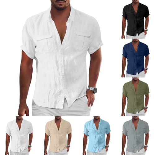 Leinenhemd Herren T-Shirts für Herren Freizeithemd mit 2 Brusttasche Atmungsaktive Sommershirt Strandhemd Einfarbig Bequem Leinen Shirt Regular Fit Schnelltrocknend Businesshemd von Generisch
