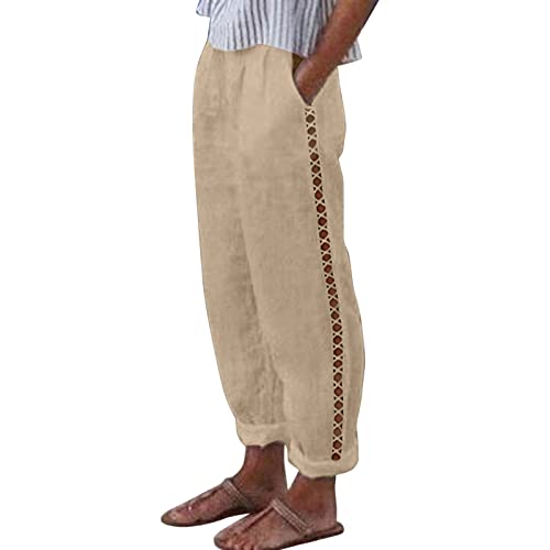 Leinenhose Damen,Damen Leicht Luftig Sommerhose Elegant Stoffhose Musselin Hose Baumwolle Leinenhose Einfarbig Freizeithose Stretch Straight Leg Hose Bequeme Weite Palazzo mit Taschen Khaki XL von Generisch